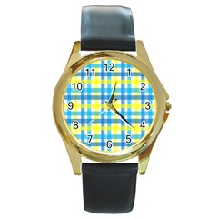 Gingham Plaid Yellow Aqua Blue Round Gold Metal Watch by Simbadda