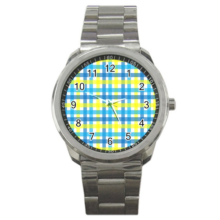 Gingham Plaid Yellow Aqua Blue Sport Metal Watch