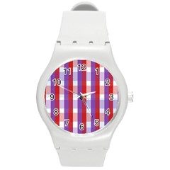 Gingham Pattern Checkered Violet Round Plastic Sport Watch (m) by Simbadda