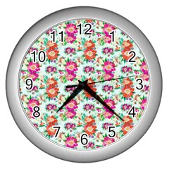 Floral Flower Pattern Seamless Wall Clocks (silver) 