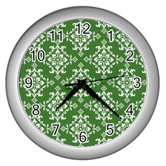 St Patrick S Day Damask Vintage Green Background Pattern Wall Clocks (silver) 