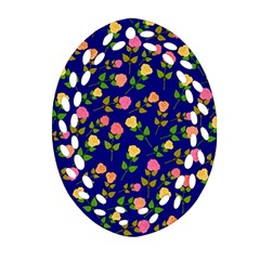 Flowers Roses Floral Flowery Blue Background Oval Filigree Ornament (two Sides) by Simbadda