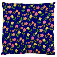 Flowers Roses Floral Flowery Blue Background Large Flano Cushion Case (two Sides) by Simbadda