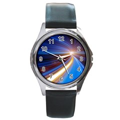 Glow Motion Lines Light Blue Gold Round Metal Watch