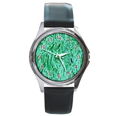 Green Background Pattern Round Metal Watch by Simbadda