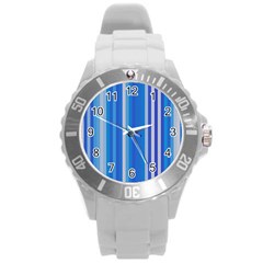 Color Stripes Blue White Pattern Round Plastic Sport Watch (l) by Simbadda