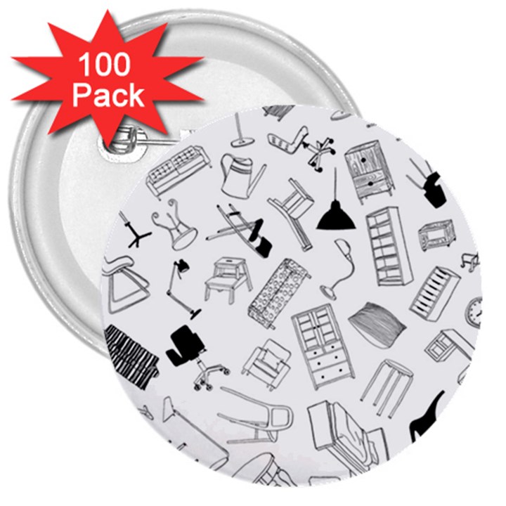 Furniture Black Decor Pattern 3  Buttons (100 pack) 