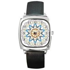 Prismatic Flower Floral Star Gold Green Purple Orange Square Metal Watch by Alisyart