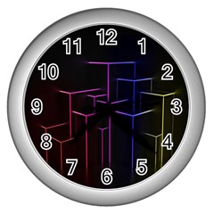 Space Light Lines Shapes Neon Green Purple Pink Wall Clocks (silver)  by Alisyart