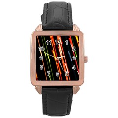 Colorful Diagonal Lights Lines Rose Gold Leather Watch 