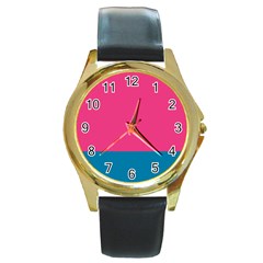 Flag Color Pink Blue Round Gold Metal Watch