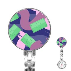 Money Dollar Green Purple Pink Stainless Steel Nurses Watch