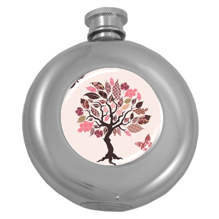 Tree Butterfly Insect Leaf Pink Round Hip Flask (5 oz)