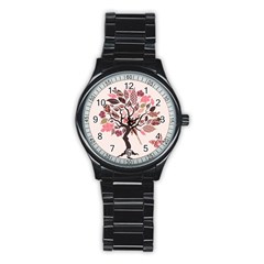 Tree Butterfly Insect Leaf Pink Stainless Steel Round Watch by Alisyart