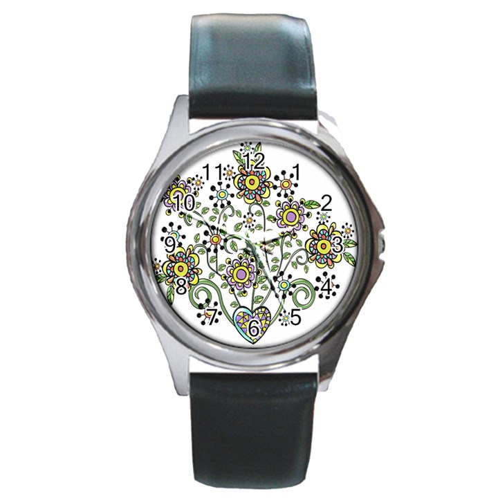 Frame Flower Floral Sun Purple Yellow Green Round Metal Watch