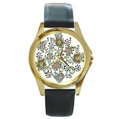 Frame Flower Floral Sun Purple Yellow Green Round Gold Metal Watch