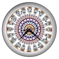 Circle Star Rainbow Color Blue Gold Prismatic Mandala Line Art Wall Clocks (silver)  by Alisyart