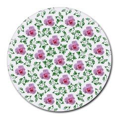 Rose Flower Pink Leaf Green Round Mousepads by Alisyart