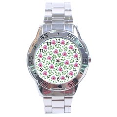 Rose Flower Pink Leaf Green Stainless Steel Analogue Watch by Alisyart