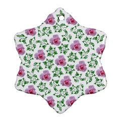 Rose Flower Pink Leaf Green Snowflake Ornament (two Sides)