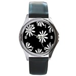 Black White Giant Flower Floral Round Metal Watch Front