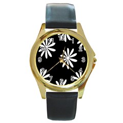 Black White Giant Flower Floral Round Gold Metal Watch