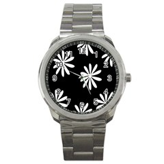 Black White Giant Flower Floral Sport Metal Watch by Alisyart