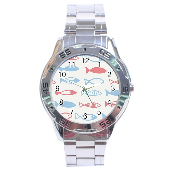 Fish Swim Sea Beach Red Blue White Stainless Steel Analogue Watch