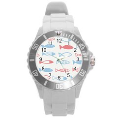 Fish Swim Sea Beach Red Blue White Round Plastic Sport Watch (l)