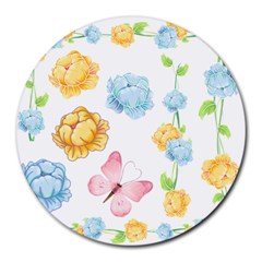Rose Flower Floral Blue Yellow Gold Butterfly Animals Pink Round Mousepads