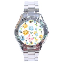 Rose Flower Floral Blue Yellow Gold Butterfly Animals Pink Stainless Steel Analogue Watch by Alisyart