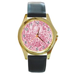 Vintage Style Floral Flower Pink Round Gold Metal Watch by Alisyart