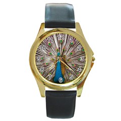 Indian Peacock Plumage Round Gold Metal Watch