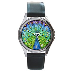 Peacock Bird Animation Round Metal Watch by Simbadda