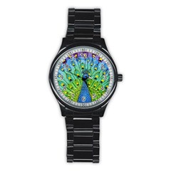 Peacock Bird Animation Stainless Steel Round Watch by Simbadda