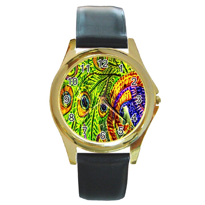 Peacock Feathers Round Gold Metal Watch