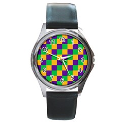 Mardi Gras Checkers Round Metal Watch by PhotoNOLA