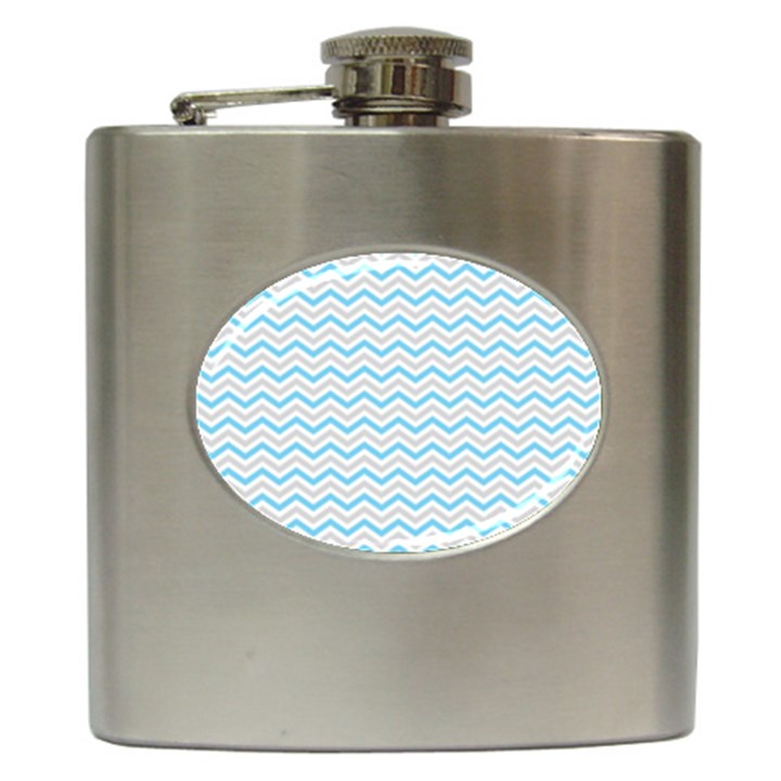 Free Plushie Wave Chevron Blue Grey Gray Hip Flask (6 oz)