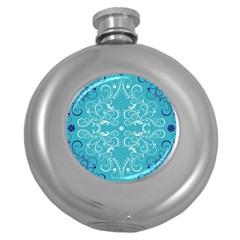 Flower Leaf Floral Love Heart Sunflower Rose Blue White Round Hip Flask (5 Oz)