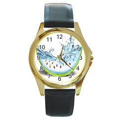 Fruit Water Slice Watermelon Round Gold Metal Watch