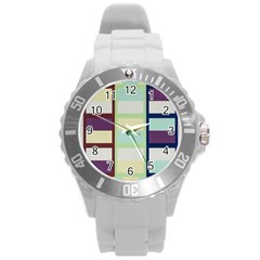 Maximum Color Rainbow Brown Blue Purple Grey Plaid Flag Round Plastic Sport Watch (l)