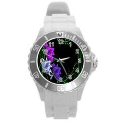 Neon Flowers Floral Rose Light Green Purple White Pink Sexy Round Plastic Sport Watch (l) by Alisyart