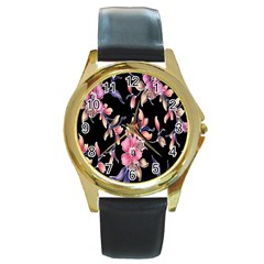 Neon Flowers Rose Sunflower Pink Purple Black Round Gold Metal Watch by Alisyart