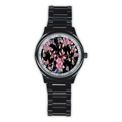 Neon Flowers Rose Sunflower Pink Purple Black Stainless Steel Round Watch by Alisyart