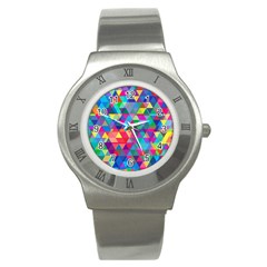 Colorful Abstract Triangle Shapes Background Stainless Steel Watch by TastefulDesigns