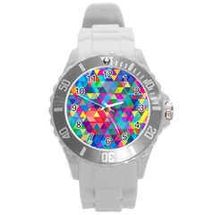 Colorful Abstract Triangle Shapes Background Round Plastic Sport Watch (l) by TastefulDesigns