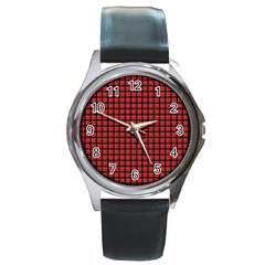 Red Plaid Round Metal Watch by PhotoNOLA
