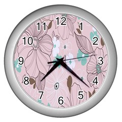 Background Texture Flowers Leaves Buds Wall Clocks (silver) 