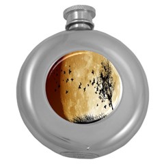 Birds Sky Planet Moon Shadow Round Hip Flask (5 Oz)