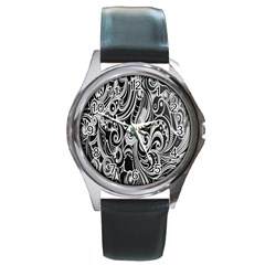 Black White Pattern Shape Patterns Round Metal Watch by Simbadda